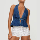 Kukombo Women Sexy Halter Jean Vest Deep V Neck Denim Tie Vest Summer Backless Ruffle Denim Tank Top Y2K Retro Streeetwear