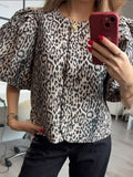 Kukombo Leopard Puffy Sleeve Shirt T-Shirt Print Round Neck Loose Slimming Cardigan Women Short Sleeved Blouse Golden Button Top Summer ootd outfit idea