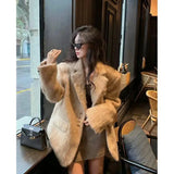 Kukombo Outfit Fashion Pink Woolen Jacket Women Winter V Neck Mohair Buttons Single Breasted Pockets Coat Ladies Office Street Casual Outerwear