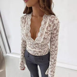 Kukombo Lace Deep V Neck Top Women Sexy Outfit See-through Flared Long Sleeve T-Shirt Solid Slim Lace Top Party Outfit Club Wear