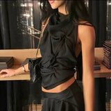 Kukombo Halter Neck Lace-Up Vest Women's Sexy O Neck Backless Sleeveless Short Top Summer Slim Pleated Party Y2k T-Shirt Tanks