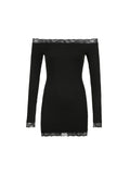 Kukombo Solid Slim Lace Trim Off Shoulder Long Sleeve Black Short Dress Women Elegant Sexy Party Dresses