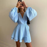 Kukombo Ruffle V Neck Long Sleeve Mini Dress Women's Fashion Sexy Loose Dress Elegant Ruffle High Waist Casual Slim Party Dress