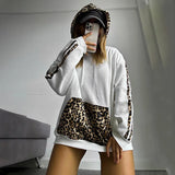 Kukombo Outfit Leopard Print Drawstring Hoodie Women's Solid Spliced Loose Casual Pullover Top Long Sleeve Street Hoodie Sweatshirt