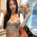 Kukombo Leopard Print Lace V Neck Camis Crop Top High Waist Y2K Streetwear Casual Clothing Fashion Summer Korean Fashion TopsChristmas Gifts