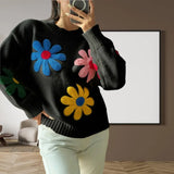 Kukombo Outfit New Winter Women Knit Casual Sweater Flowers Decorative Top Pullovers Knitwear Long Sleeved Outwear Warm Loose Jumper Streetwear