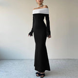 Kukombo Elegant Backless Patchwork Long Dress Women's Fashion Long Sleeve High Waist Party Dress Strapless Slim Sexy Long Dress