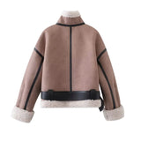 Kukombo outfit Women Warm Faux Shearling Jacket Coat Lapel Bomber Jacket with Belt Metal Zip Thick Jacket Winter Female Outerwear