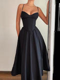 Kukombo Sleeveless Fit And Flare Elegant Fashion Spaghetti Straps Dresses Women Black Solid Sexy Birthday Evening Party Dress