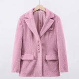 Kukombo Autumn Winter Plush Jacket Women's Loose Lapel Plush Jacket Solid Long Sleeve Button Office Elegant Blazer Warm Jacket