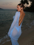 Kukombo Spring Outfits Beach Knitted Backless Long Sleeve Dress Ladies Holiday Bikini Cover Up See-Through Beachwear 2025 Holiday Sunscreen Long Dress