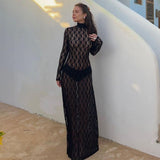 Kukombo Black Lace Bodycon Long Dress Women's Fashion See-through Mesh Slim Dress Sexy Hollow High Neck Long Sleeve Party Dress