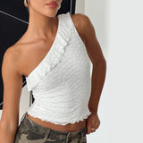 Kukombo Y2K Fairycore Crop Tops Women's One Shoulder Lace Tops Sleeveless Solid Color Slim Fit Tank Tops Summer Shirts Streetwear