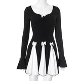 Kukombo Bow Patchwork Short Dress Women's Round Neck Long Sleeve High Waist Party Dress Elegant Slim Pleated A-Line Dress Female