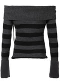 Kukombo Off Shoulder Slim Knitted Stripe Jumper Women Lace-Up Slash Neck Long Sleeve Sweater Tee Korean Fashion Street Knittwear