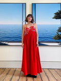 Kukombo Outfit Vintage Embroidered Koi Fish Red Maxi Dress Women Summer Sleeveless Backless Elegant Loose Evening Party Dresses High Waist Robe