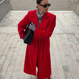 Kukombo Spring Outfits Red Lapel Woolen Women Overcoats Full Sleeve Single Breasted Lady Long Coats Autumn Winter Elegant Loose Female Outwears