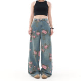 Kukombo American Retro Floral Print Jeans Fashionable Street Loose Wide-leg Jeans Baggy Jeans Trendy High Street Loose Trousers ootd outfit idea