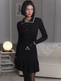 Kukombo outfit Winter Knitted Dress Long Sleeve Black Turn-down Collar Slim Dress Single Breasted Autumn Elegant Dress Streetwear