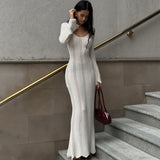 Kukombo Outfit Knitted Backless Long Dress Women's High Waisted V-Neck Bodycon Party Club Dress Elegant Slim Resort Long Dress Female