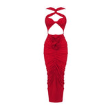 Kukombo Outfit VC Red Dresses For Women Sexy Backless 3D Flowers Design Sleeveless Draped Long Dress Party Evening Vestidos