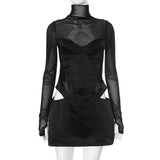 Kukombo Mesh Patchwork High Neck Dress Women's Sexy Slim Hollow Body Fit Party Club Dress Black See-through Streetwear Y2k Dress