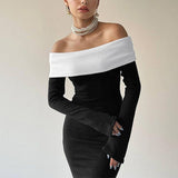 Kukombo Elegant Backless Patchwork Long Dress Women's Fashion Long Sleeve High Waist Party Dress Strapless Slim Sexy Long Dress