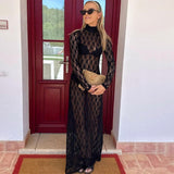 Kukombo Black Lace Bodycon Long Dress Women's Fashion See-through Mesh Slim Dress Sexy Hollow High Neck Long Sleeve Party Dress