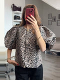 Kukombo Leopard Puffy Sleeve Shirt T-Shirt Print Round Neck Loose Slimming Cardigan Women Short Sleeved Blouse Golden Button Top Summer ootd outfit idea