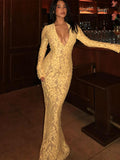 Kukombo Spring Outfits Sexy Lace Mesh Maxi Dress Women Deep V Neck Long Sleeve Party Dresses Yellow Slim Evening Robes 2025 New Lady Club Streetwears