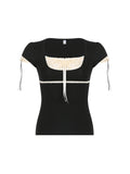 Kukombo Sweet Y2K Contrast Lace Patchwork Square Collar Black T-Shirt Women Short Sleeve Basic Balletcore Cute Summer Tops