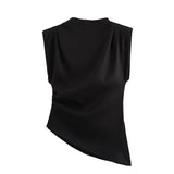 Kukombo Fashion Sleeveless T-Shirt Women's Sexy Irregular Pleated Cropped Top 2025 Summer Woman Pullover Round Neck Vest T-Shirt