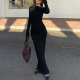 Kukombo Autumn Slim Long Dress Women's Solid Off-Shoulder Long Sleeve High Street Dress Elegant Party Dress Female Outfits Robe