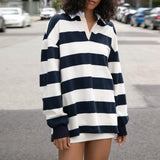 Kukombo Women Rugby Shirt Vintage Long Sleeve Oversized Striped Shirt Y2k Lapel Collar Pullover Crop Top 90s Streetwear