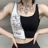 Kukombo Punk Style Patchwork Tank Tops Aesthetic Letter And Graphic Print Women Crop Top Color Blocking Sleeveless Streetwear ootd