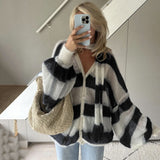 Kukombo Women's Sweater Cardigan Autumn V-neck Scarf Knitted Sweater Loose Warm Casual Single-Breasted Striped Cardigan Sweater