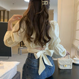 Kukombo Elegant Blouses Women Sweet Puff Sleeve Bow Bandage Shirts Korean Streetwear Vintage Square Neck Lace Up Slim Casual Crop Tops ootd