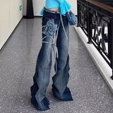 Kukombo High Street Appliques Lace-up Design Pleated Pile Jeans Women Denim Pants Spring Boot Cut Straight-leg Low-waist Slim Trousers ootd