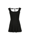 Kukombo Backless Lace-Up Sleeveless Square Collar A Line Mini Dress Women