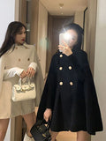 Kukombo Outfit Double Breasted Women Cape Coat Faux Woolen Loose Solid Female Overcoat Fashion Spring Poncho Elegant Lapel Lady Jacket