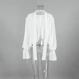 Kukombo White Chiffon Shirt Women's Sexy See-through Long Sleeve Lace-Up Shirt Fashion Splicing Bandage Casual Ruffle Shirt Tops