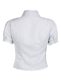 Kukombo White Stripe Puff Short Sleeve Button Shirts For Women Basic Simple Casual Seumme Preppy Tops Y2K Korean Clothes