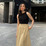 Kukombo Fashion High Waist Solid Color Skirt Women's Summer Autumn Casual Elegant Long Skirt Loose Slim Pocket Commuting Skirt