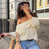 Kukombo One Shoulder Knitted Sweater Women's Sexy Slim Long Sleeve Solid Pullover Top Loose Casual Chic Autumn Street Sweater