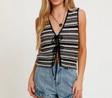 Kukombo Women’s Y2K V Neck Knit Vest Casual Sleeveless Stripes Print Tie-up Front Tank Tops 90s Vintage Summer Sweater Vest