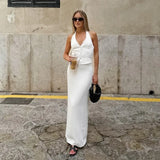 Kukombo V-neck Halter Backless Long Skirt Set 2-piece Women's Summer White Sleeveless Vest Skirt Lace-up Slit Long Skirt Set