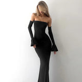 Kukombo Women's Sexy Backless Long Dress Solid High Waist Slim Strapless Ruffle Sleeve Dress Elegant Luxurious Evening Dress