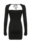 Kukombo Backless Lace-Up Slim Sexy Black Short Dress Women Square Collar Solid Split Elegant Basic Long Sleeve Baddie Clubwear