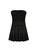 Kukombo Korean Fashion Contrast Tie Bow Strapless A Line Pleated Dress Women Cute Sweet Kawaii Clothing