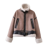 Kukombo outfit Women Warm Faux Shearling Jacket Coat Lapel Bomber Jacket with Belt Metal Zip Thick Jacket Winter Female Outerwear